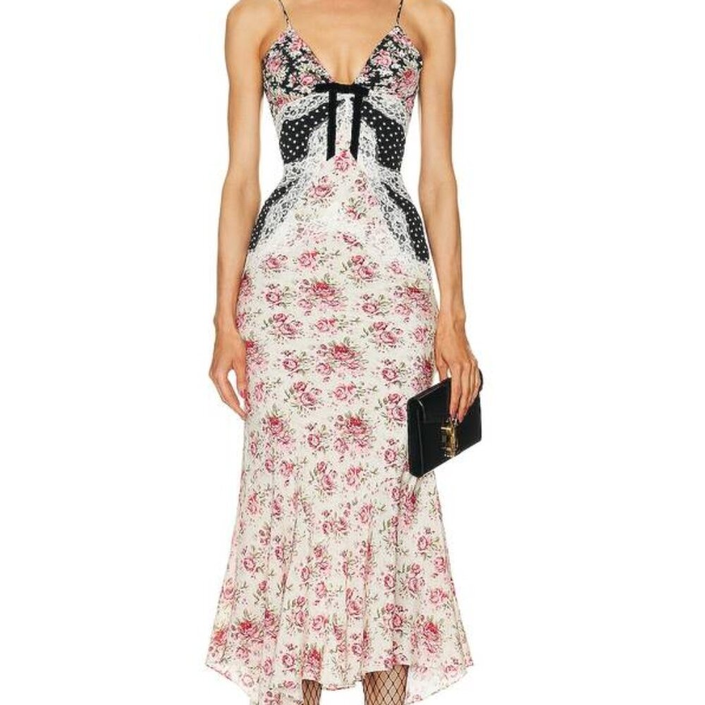 ALESSANDRA RICH-Rose Print Slip Dress With Lace Sz-46